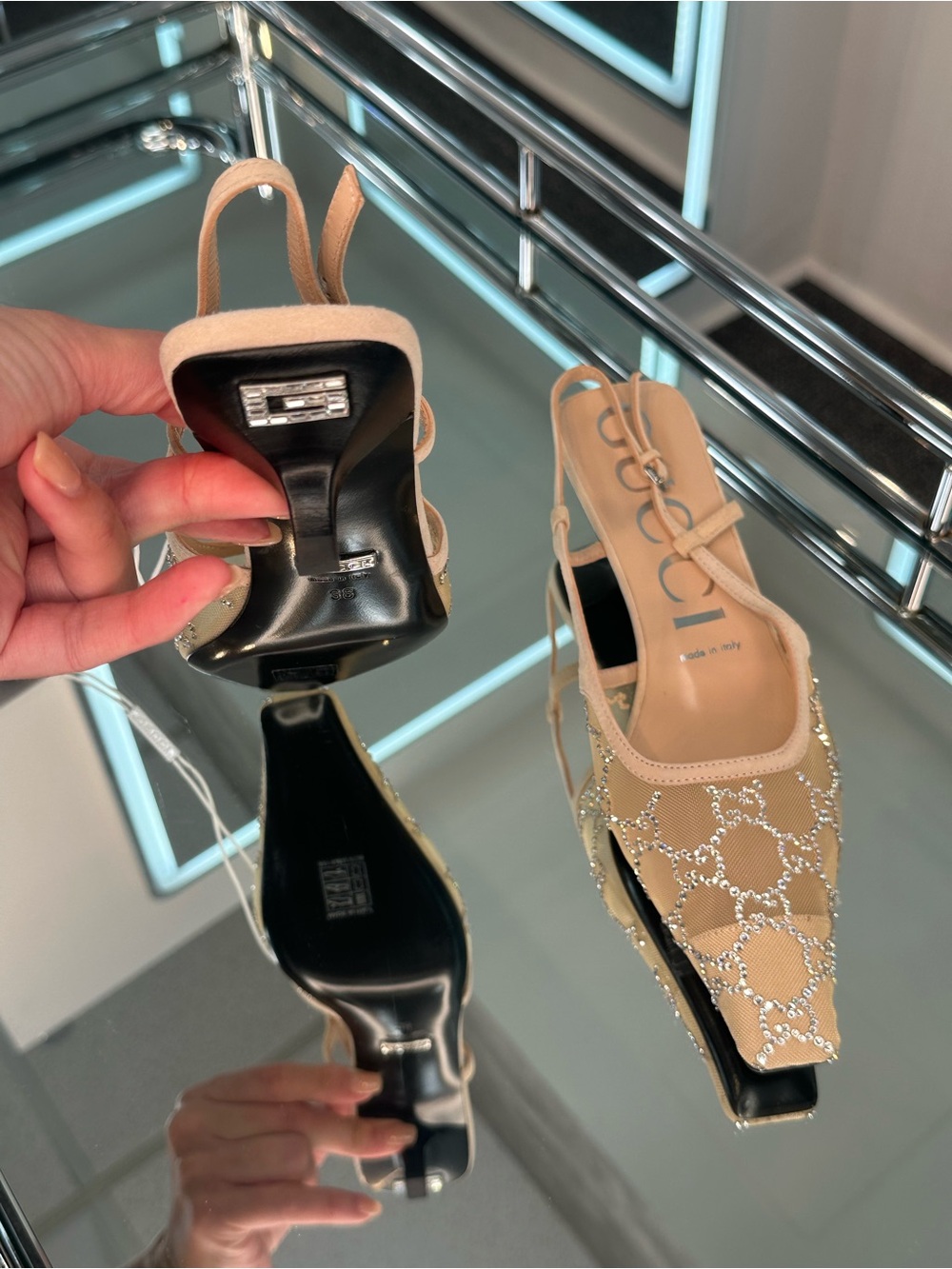 Gucci Tela Retino Kid Scamosciato Square G Slingback